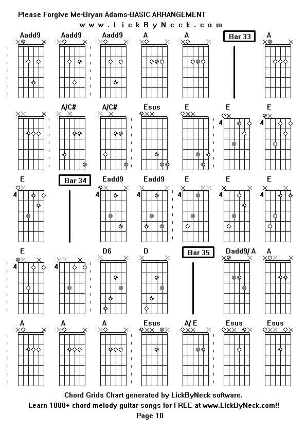 Chord Grids Chart of chord melody fingerstyle guitar song-Please Forgive Me-Bryan Adams-BASIC ARRANGEMENT,generated by LickByNeck software.